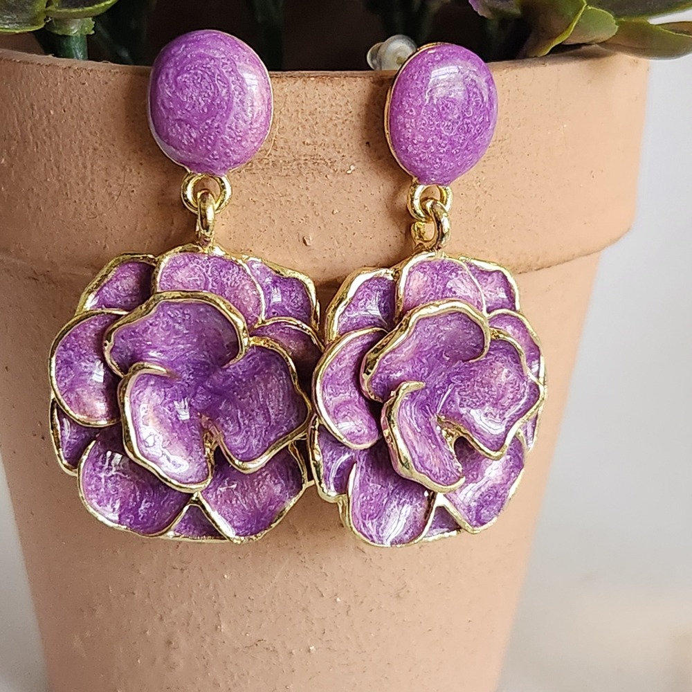 Purple Enamel Camellia Flower Drop Earrings Gold Tone Floral Statement Dangle